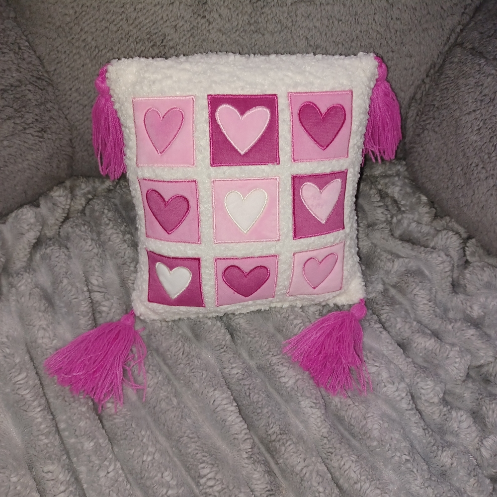 Pink Heart Patchwork Tassel Throw Pillow